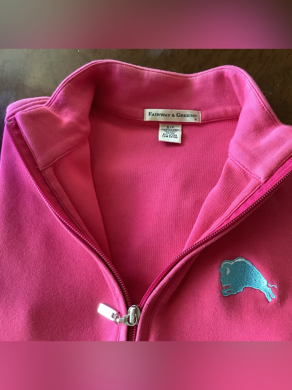 Fairway & Greene Pink Quarter-Zip Pullover with Teal Logo Women’s Sz Small - Picture 2 of 7